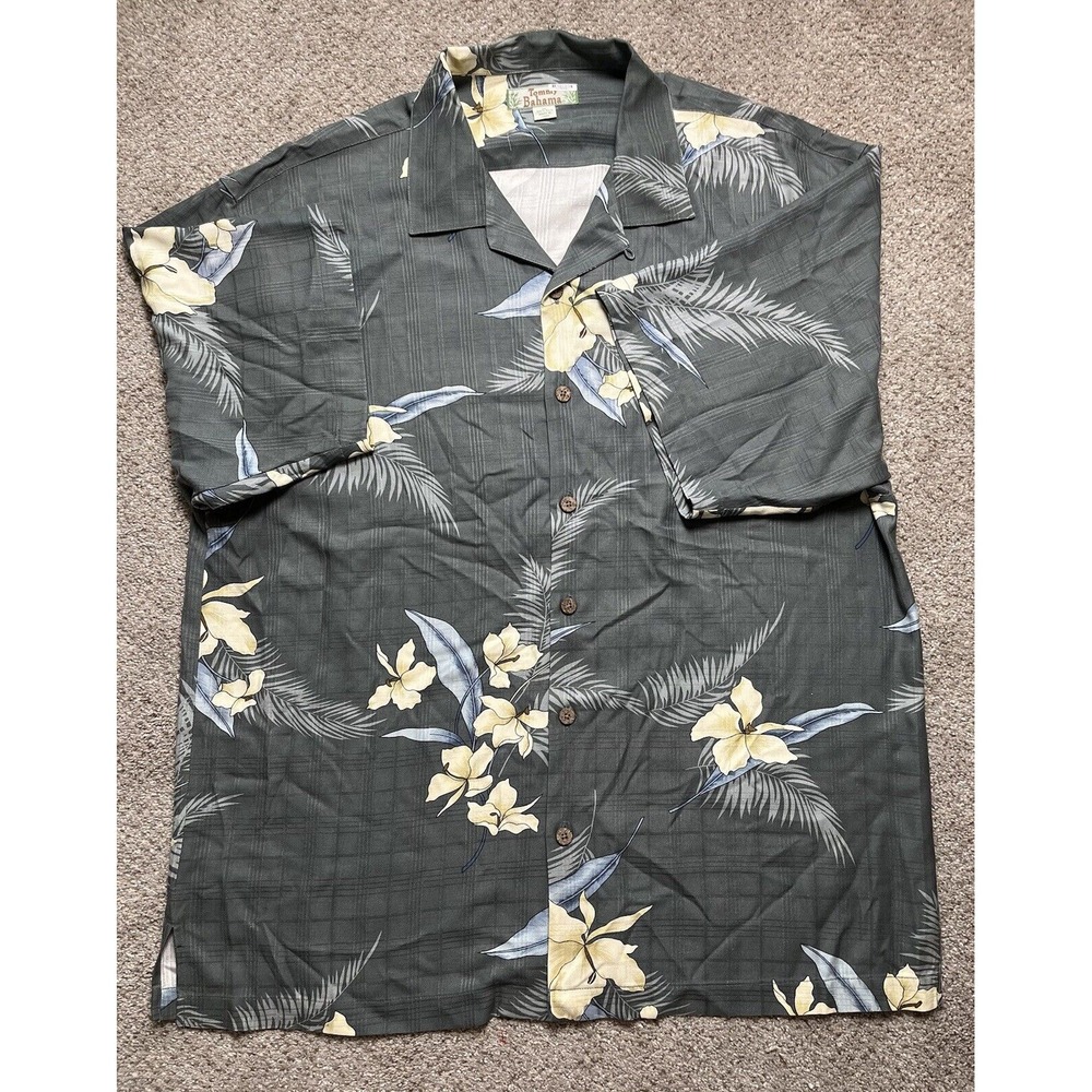 Tommy‎ Bahama Silk Button Up Shirt Short Sleeve Men's Extra Large Green Floral